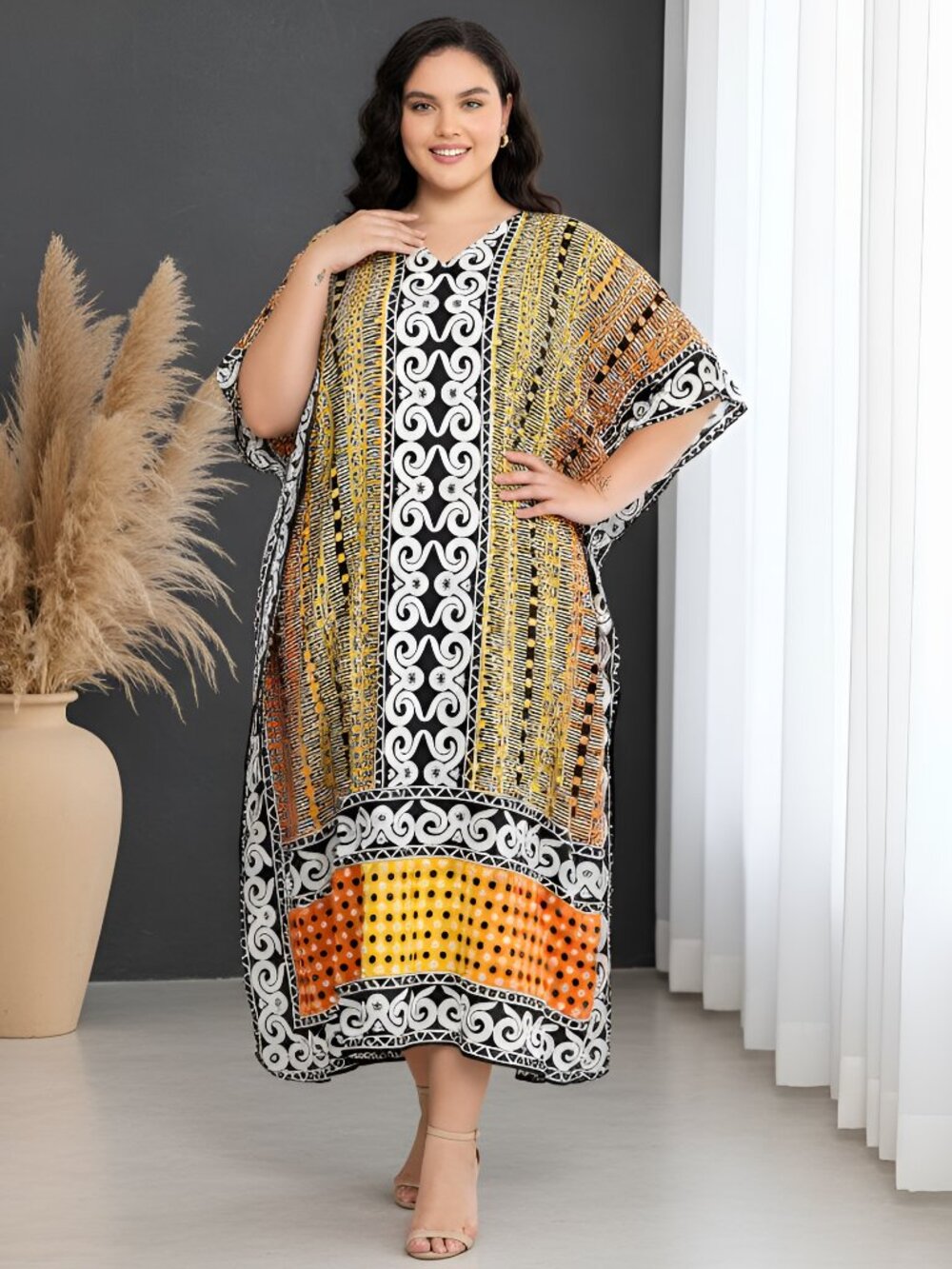 Geometric Printed Caftan Dress Plus Size Cover Up Maxi Mumu Dresses for Women